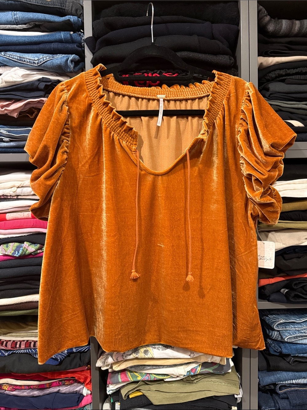 Free People Velvet Ruched Puff Sleeve Top